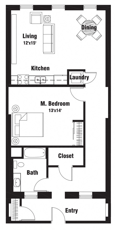 Floor plan for 1 bed, 1 bath, 1007 sqft